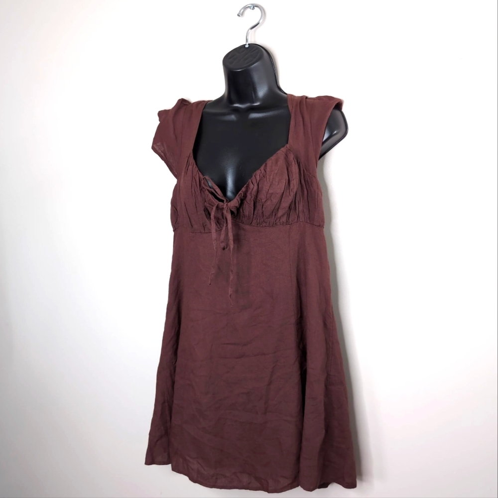 Urban Outfitters Chocolate Brown Linen Country Cottagecore Milkmaid Dress L